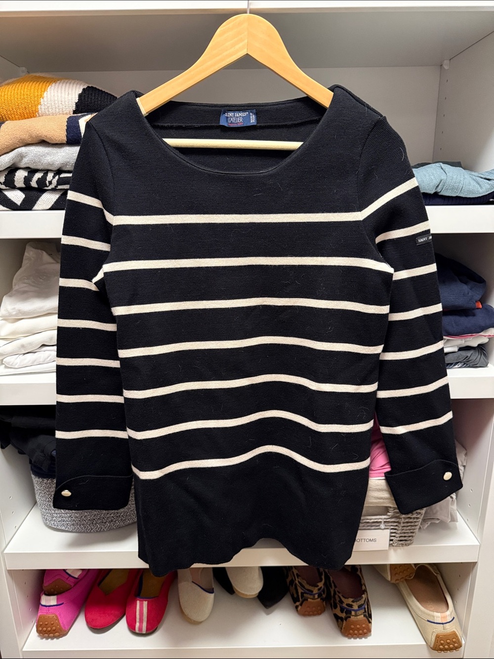 Saint James Black and Cream Striped Boatneck Sweater